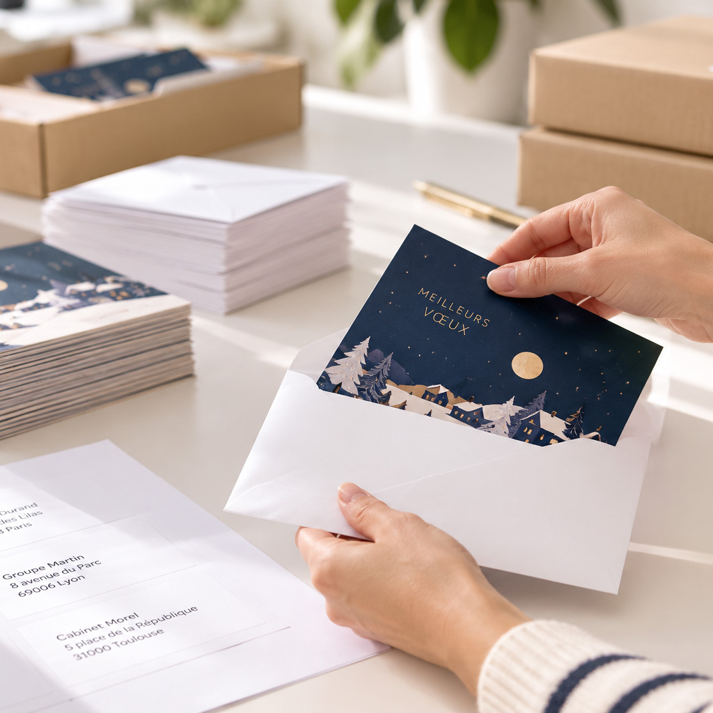 Cartes de vœux mises sous pli dans leurs enveloppes imprimées
