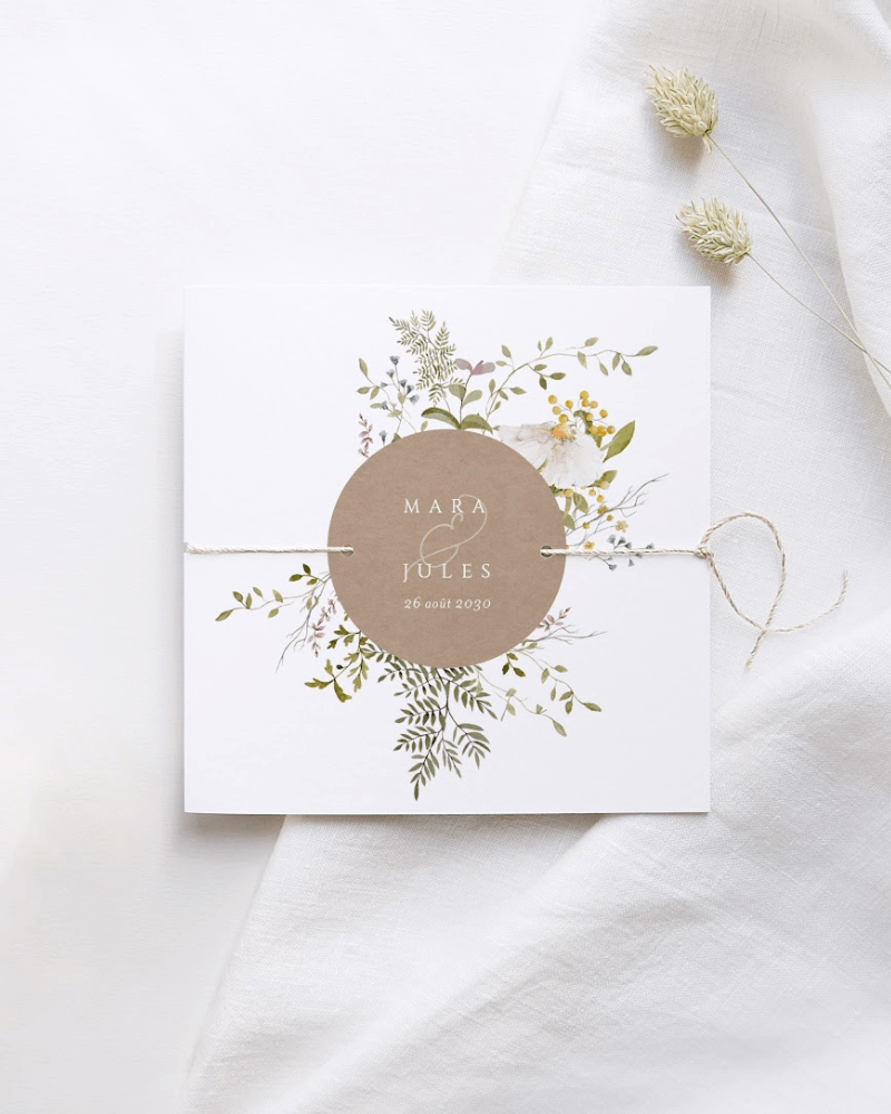 Faire-part de mariage avec illustrations florales et cachet d’aspect kraft.