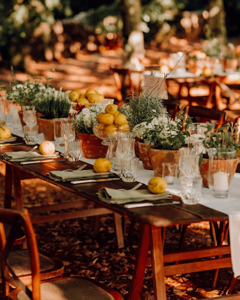 Une table de mariage champêtre en bois, décorée de bouquets de fleurs dans des pots en osier et de citrons.