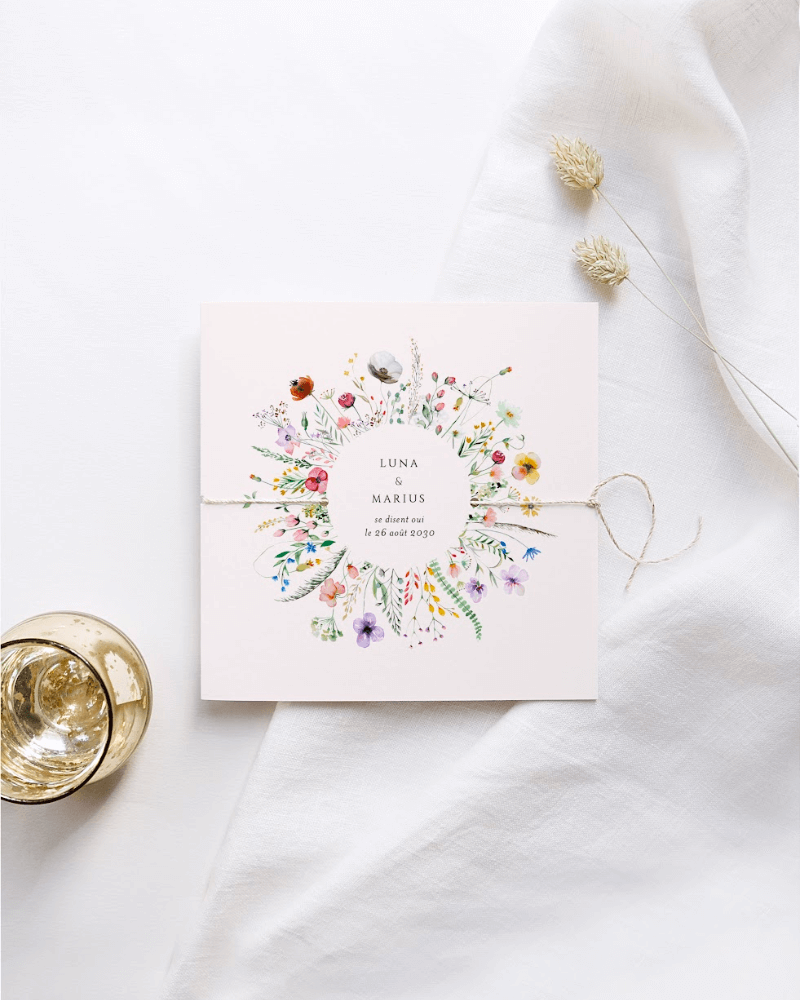 Un menu de mariage en kraft, illustré de jolies fleurs.