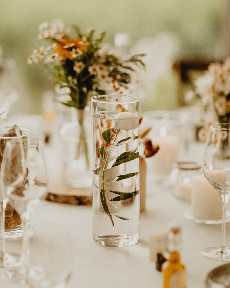 Un verre long empli d'eau, laissant entrevoir une fleur flottant à l'intérieur.